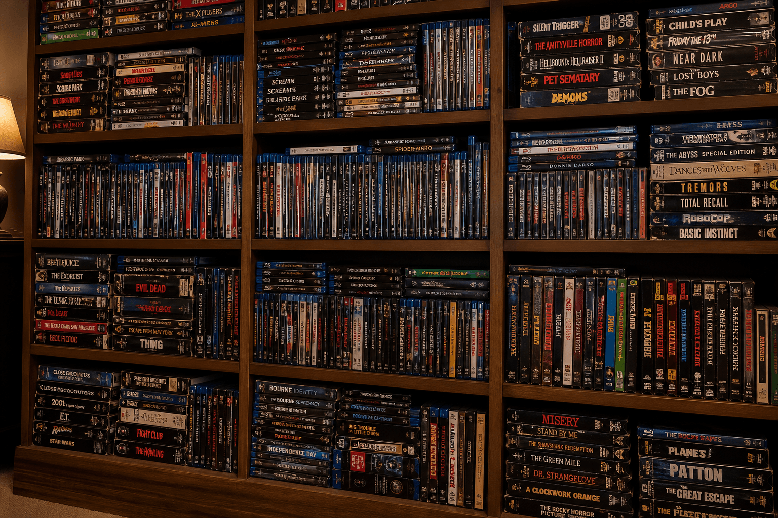 A wall bookshelf packed with DVDs and VHS tapes stacked side by side and on top of each other